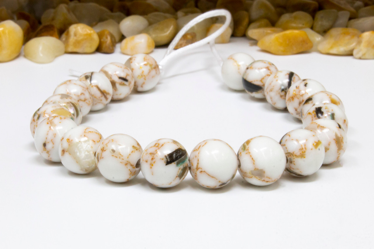 Reconstructed Manmade Turquoise & Shell 10mm Round - Dyed Ivory - 2mm Large Hole